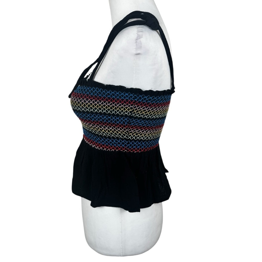 NWT Day + Moon Black Smocked Multicolor Cami Crop Tank Top Peplum Stretch - Picture 5 of 12